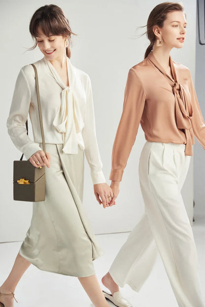 Silk Shirt Women's Thick Temperament Streamer 2025 Spring and Summer New Mulberry Silk Lace-up Design Shirt Long-sleeved Top.