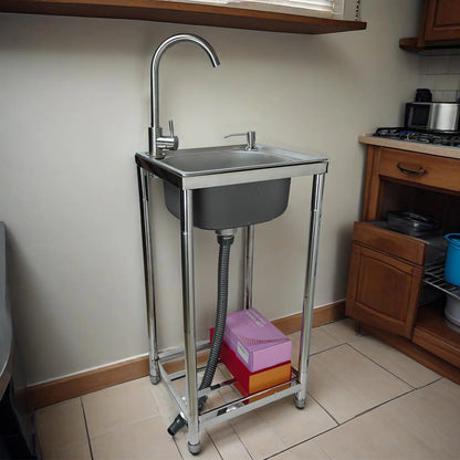 Freistehendes Edelstahl-Waschbecken, Außenspüle, Einzelschüssel, tragbares Outdoor-Camping-Waschbecken mit Abfluss und Warm- und Kaltwasserhahn