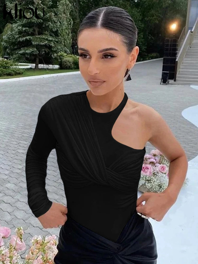 kliou Classic Solid Women Bodysuits Autumn All-matched Stacked Ruched Incline Shoulder Skinny Rompers Female Trend Street  Tops.