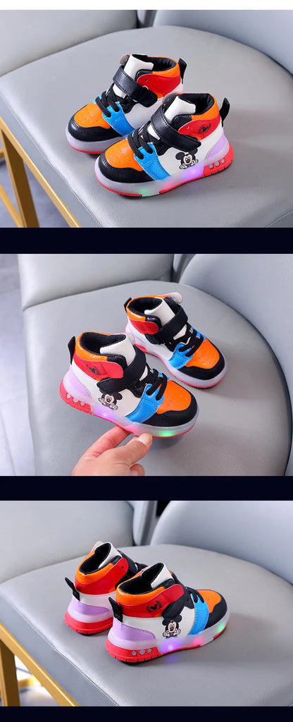 Disney Girls' Causla Shoes PU Leather Mickey Mouse LED Luminescent Children's Sneaker 1-6 Year Old Boys' Sports Casual Shoes.