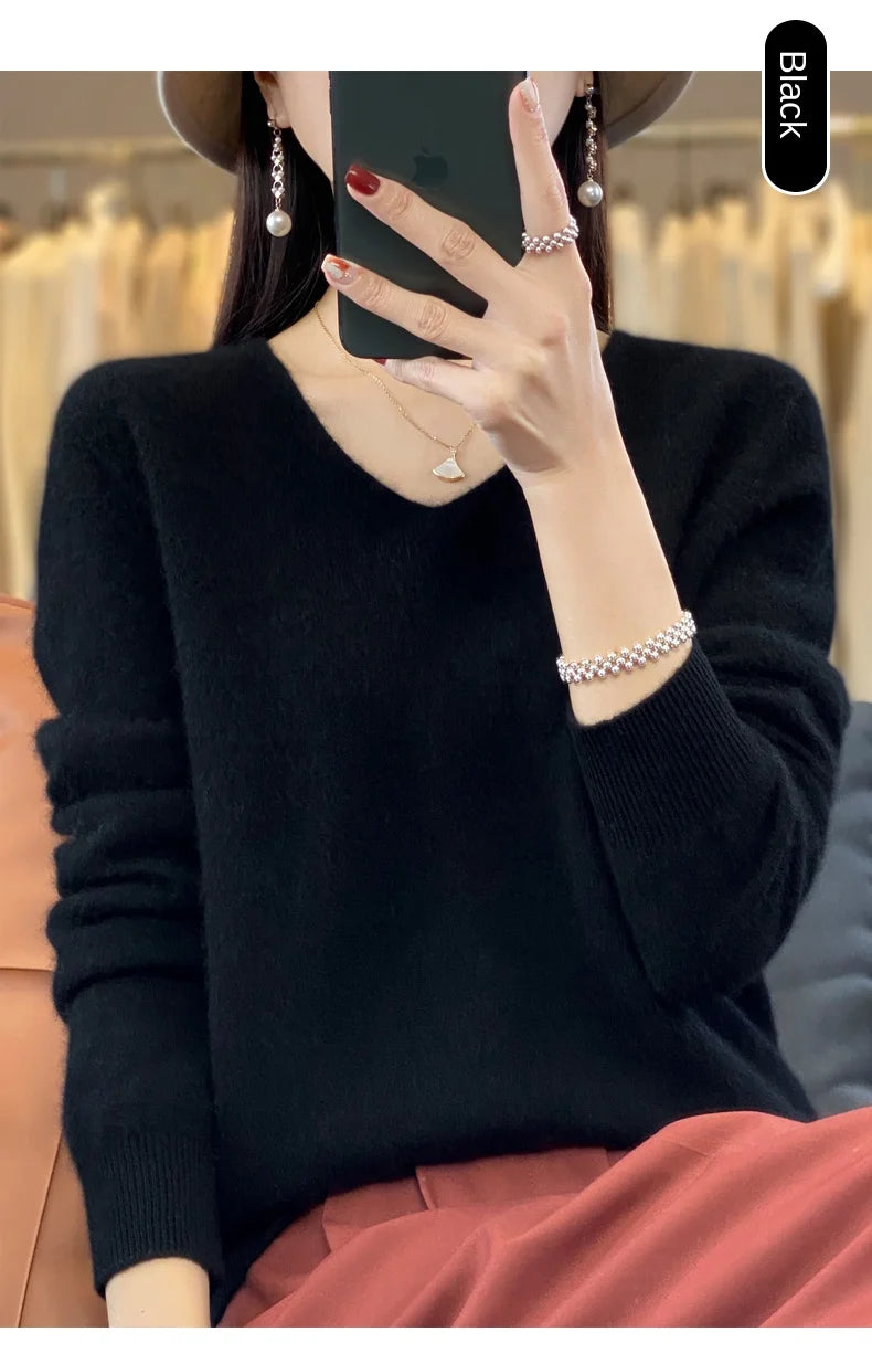 2024 100% Merino Reine Wolle V-ausschnitt Herbst Und Winter Pullover Pullover Neue Kaschmir Pullover frauen Beiläufige Gestrickte Top DMR201