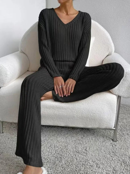 Women's Pajamas Autumn Winter New Casual Straight Pants Pullover Sleepwear Loose V Neck Knitted Home Wear Two Piece Loungewear.