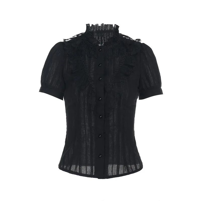 Sweet Lolita Cotton Shirts Women Vintage Gothic Black White Jacquard Short Sleeve Blouses Elegant Office Lady Y2k Tops.