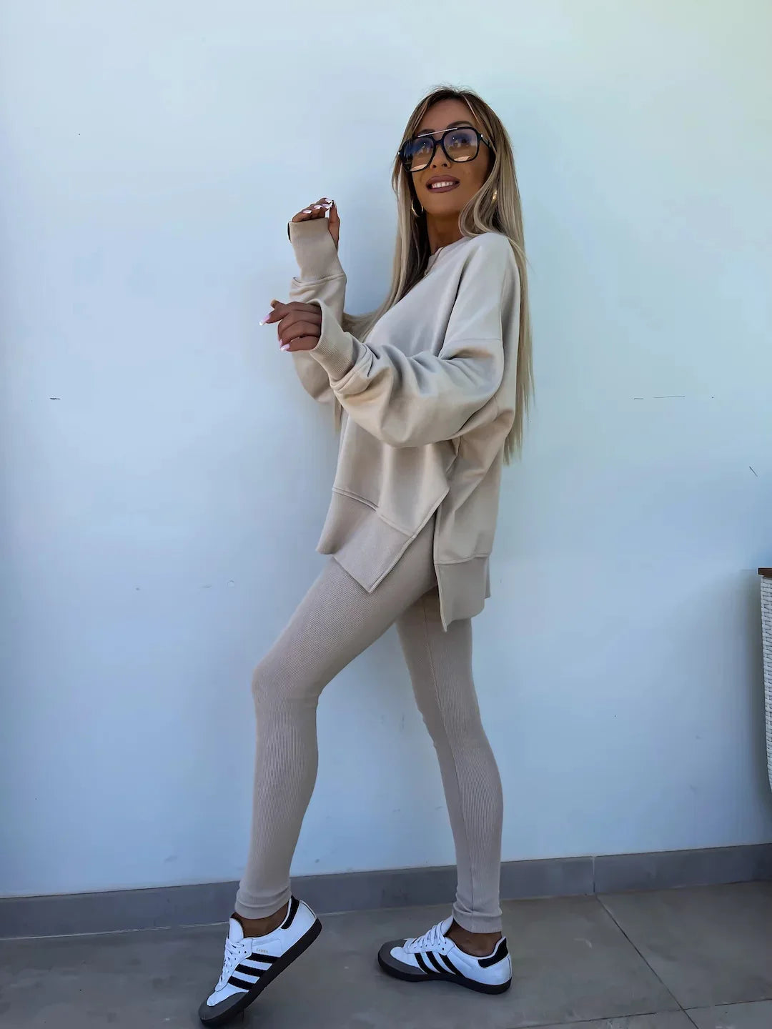 Women Pant Sets Two Pieces Tracksuit Solid Loose Sweatshirts Split Pullover Pencil Pants High Street Autumn Winter 2024.