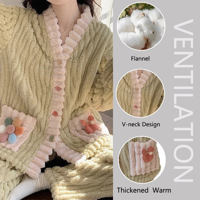 Verdickte Warme Flanell Frauen Nachtwäsche Loungewear Strickjacke Anzug Winter Süße Kawaii Weiche Fee Wind Damen Pyjamas Homewear.
