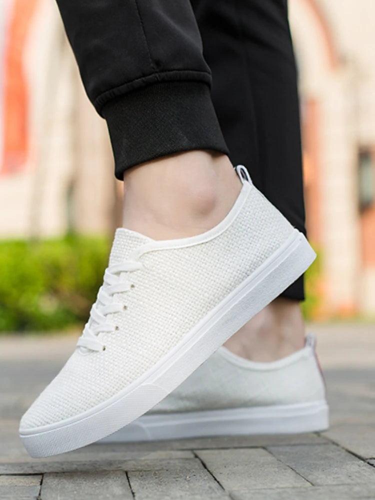 Men's Canvas Shoes Summer Breathable Lightweight Korean Style Shallow Mouth Loafers Non-slip Casual Lace Up Walking Sneakers.