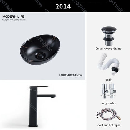 Luxuriöses Vintage-Keramikgefäßwaschbecken für Badezimmer, Waschtisch, Kunstbecken über der Theke, Waschbecken mit Abflusszubehör, Arbeitsplatte