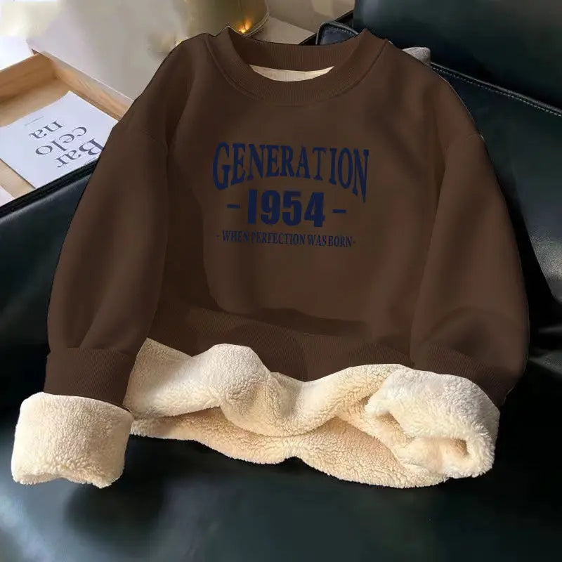 Women Hoodies Sweatshirt Letter Printing Lamb Velvet Thickened Street Warm Pullover Loose Crewneck Brown Hoodies Woman Clothing.