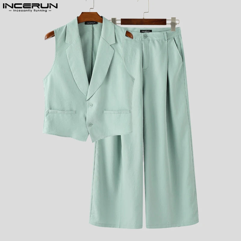 INCERUN Summer Men's Sets Solid Color Sleeveless Tops Tee Buttons Summer Long Pants Male Two-piece Suits Streetwear 2PCS S-5XL.