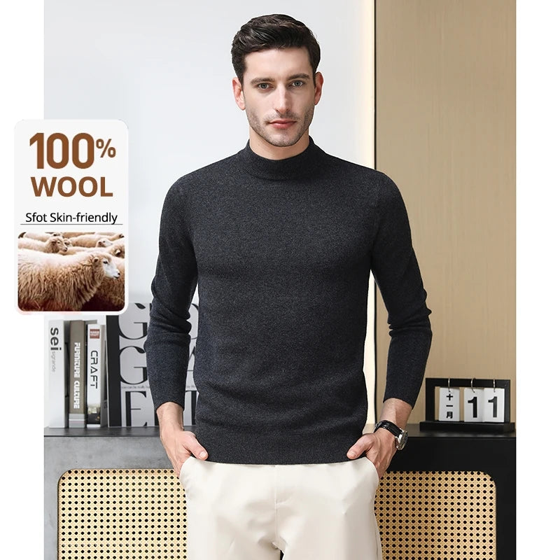 High End 100% Wool Thick New Autum Winter Fashion Brand Pullover Knit Half Turtleneck Business Sweater Casual Men Clothing