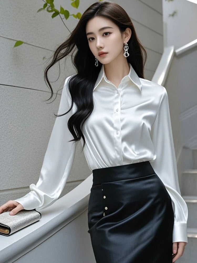 Elegant Silk Office Shirts Women Korean Fashion Y2k Clothes Slim Long Sleeve White Black Blusas Mujer Workwear Tops and Blouses.