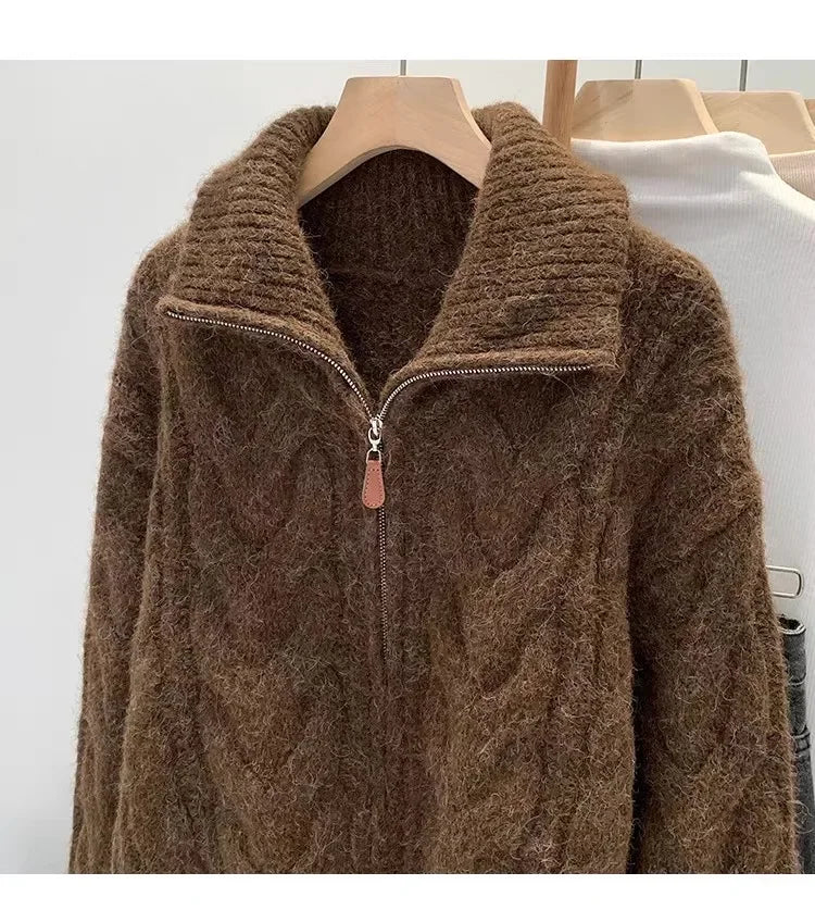 Women Autumn Winter New Lazy Style Loose Knitted Cardigan Retro Solid Color Double Zipper Turn-down Collar Sweater New Women Top.