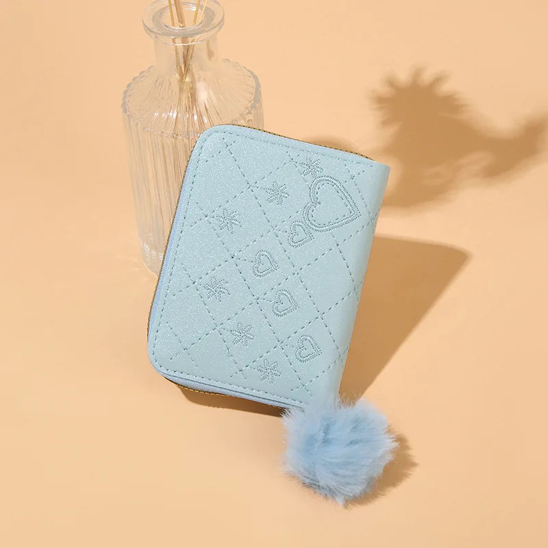 Women Fashion Zipper Wallet with Hairballs Simple Versatile Short Coin Purse Multi-Functional Multi-Card Slot Card Bag.