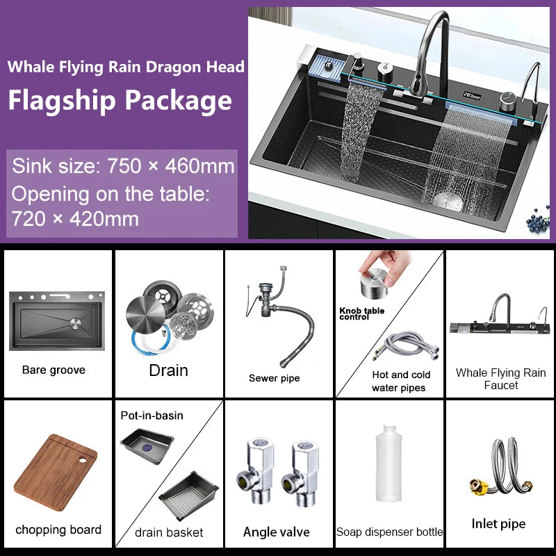 Stainless Steel Digital Kitchen Sink Large Waterfall Pull Out Faucet Honeycomb Embossed Sink Set