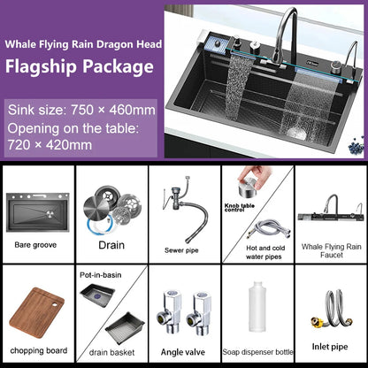 Stainless Steel Digital Kitchen Sink Large Waterfall Pull Out Faucet Honeycomb Embossed Sink Set