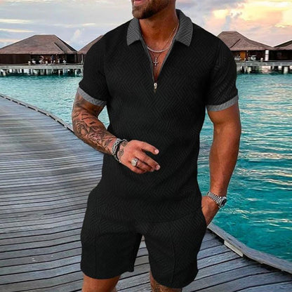 Casual Mesh Lapel short-sleeved Pullover + Shorts Solid Thin Sportswear set, Black suit, men's Sportswear T-shirt Set.