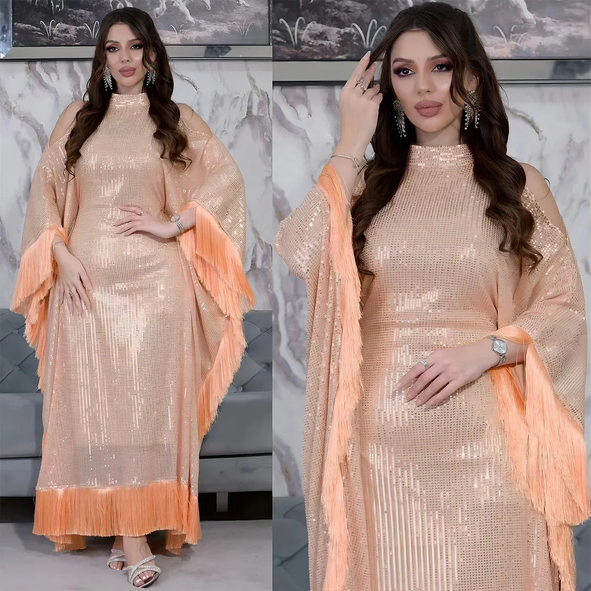 Ramadan Eid Tassel Sequin Batwing Abaya Dubai Women Islam Muslim Maxi Kaftan Dresses Kebaya Caftan Marocain Robe Femme Musulmane