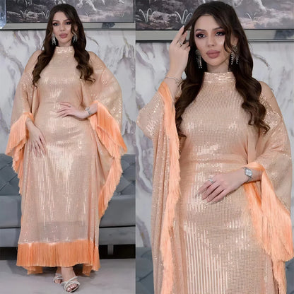 Ramadan Eid Tassel Sequin Batwing Abaya Dubai Women Islam Muslim Maxi Kaftan Dresses Kebaya Caftan Marocain Robe Femme Musulmane