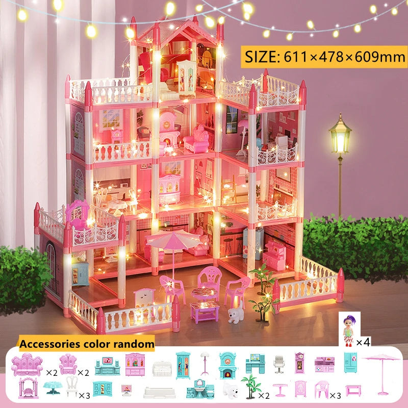 Girls Toddler Doll House - Large Doll House with 4 Dolls, Furniture, Accessories, LED Lights, 4 Stories Princess Dream House Toy