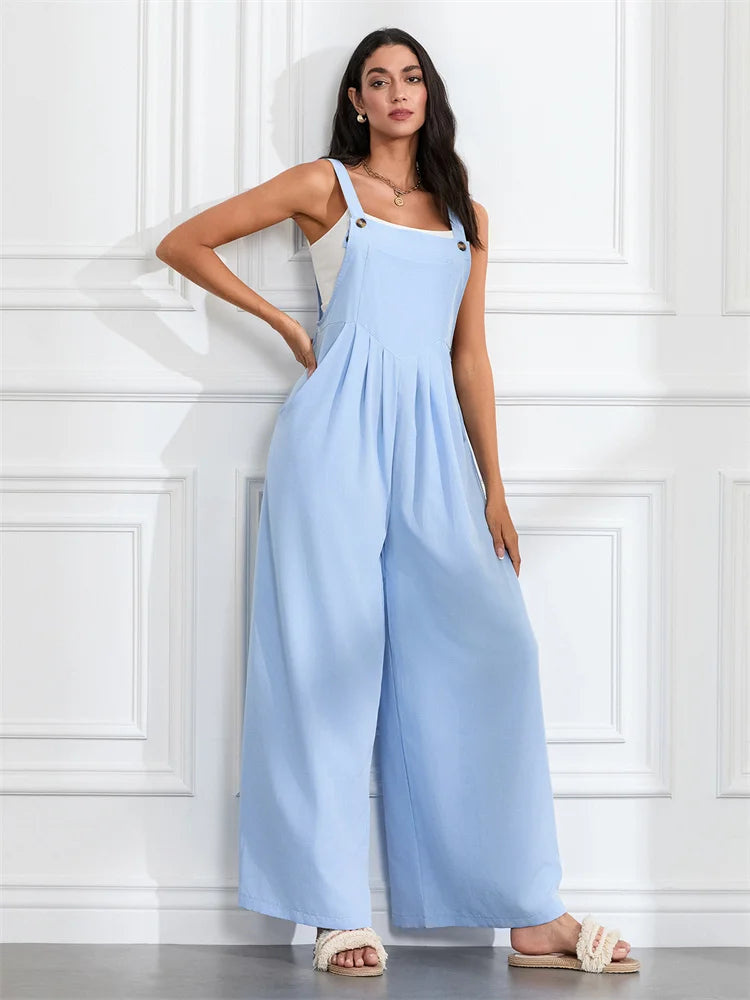 Women Fashion Jumpsuits Sleeveless Buttons Suspender Wide Leg Pant Overalls with Pockets Casual Loose Romper Streetwear.