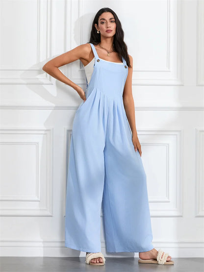 Women Fashion Jumpsuits Sleeveless Buttons Suspender Wide Leg Pant Overalls with Pockets Casual Loose Romper Streetwear.