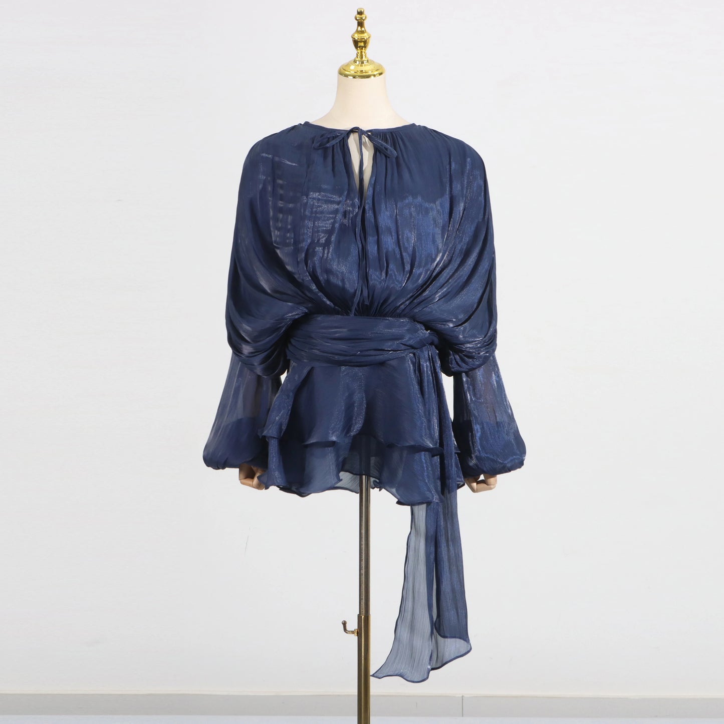 GALCAUR Solide Lose Splicd Lace Up Kleider Für Frauen V-ausschnitt Mit Langen Ärmeln Patchwork Rüschen Tunika Kleider Weibliche Mode Neue