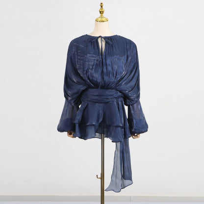 GALCAUR Solide Lose Splicd Lace Up Kleider Für Frauen V-ausschnitt Mit Langen Ärmeln Patchwork Rüschen Tunika Kleider Weibliche Mode Neue