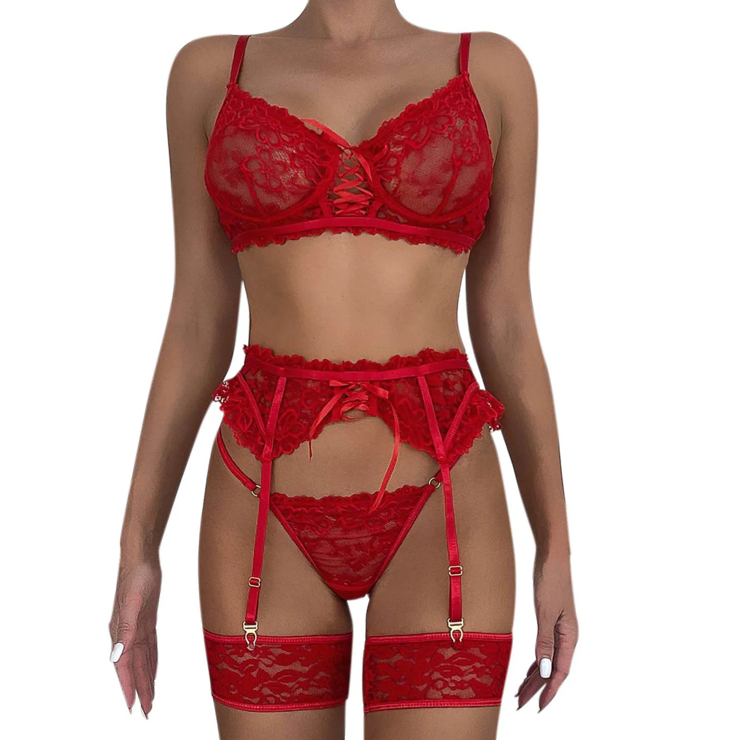Women Lace Sexy Lingerie Set Sexy Adult Three Pieces Bra And Thong Garters Set Sexy Underwear Woman Plus Size Erotic Clothing.