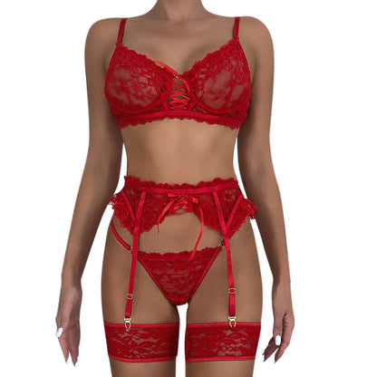 Women Lace Sexy Lingerie Set Sexy Adult Three Pieces Bra And Thong Garters Set Sexy Underwear Woman Plus Size Erotic Clothing.