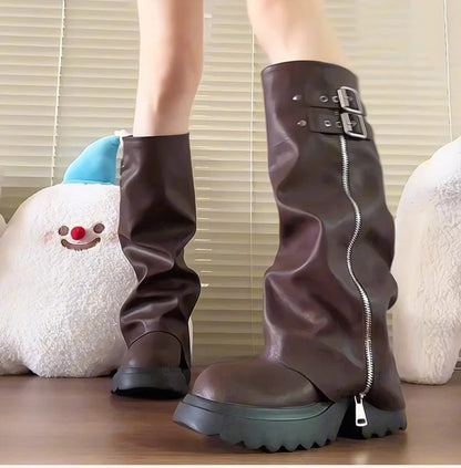 Punk Style Splicing Thick Bottom Women Knee-High Boots Fashion Zipper Female Pleated Knight Long Booties Shoes.