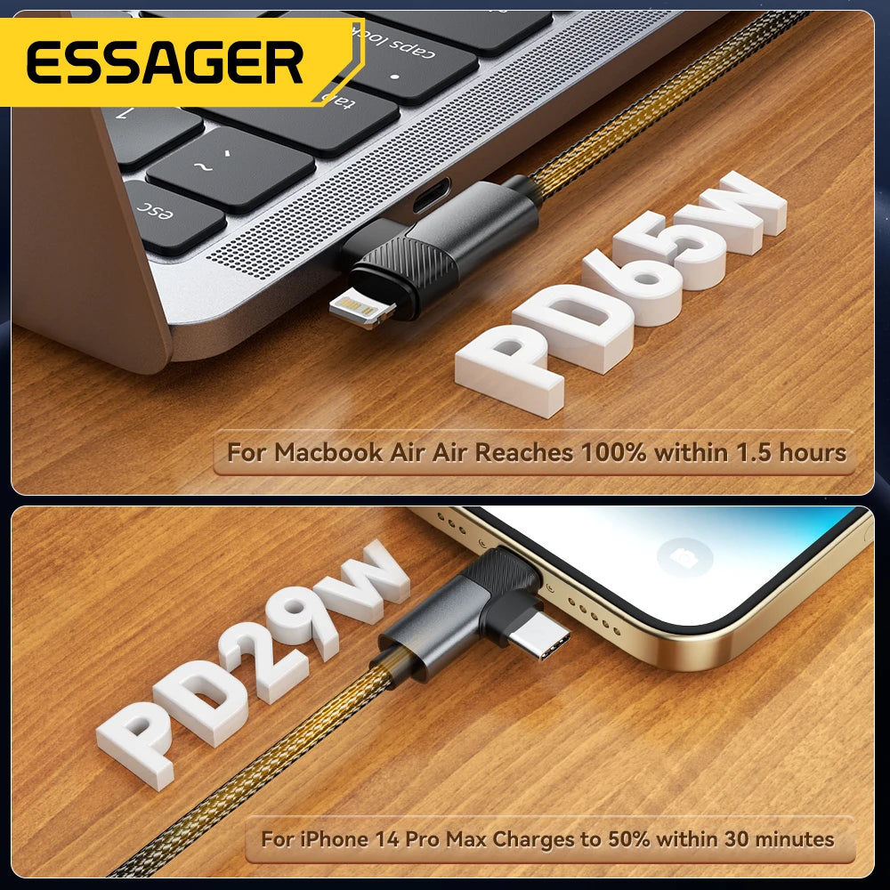 Essager 2-in-1 Right Angle Cable PD 65W 29W Fast Charging Elbow Data Cable For iPhone 15 14 13 MacBook Lenovo Asus Dell iPad Pro.