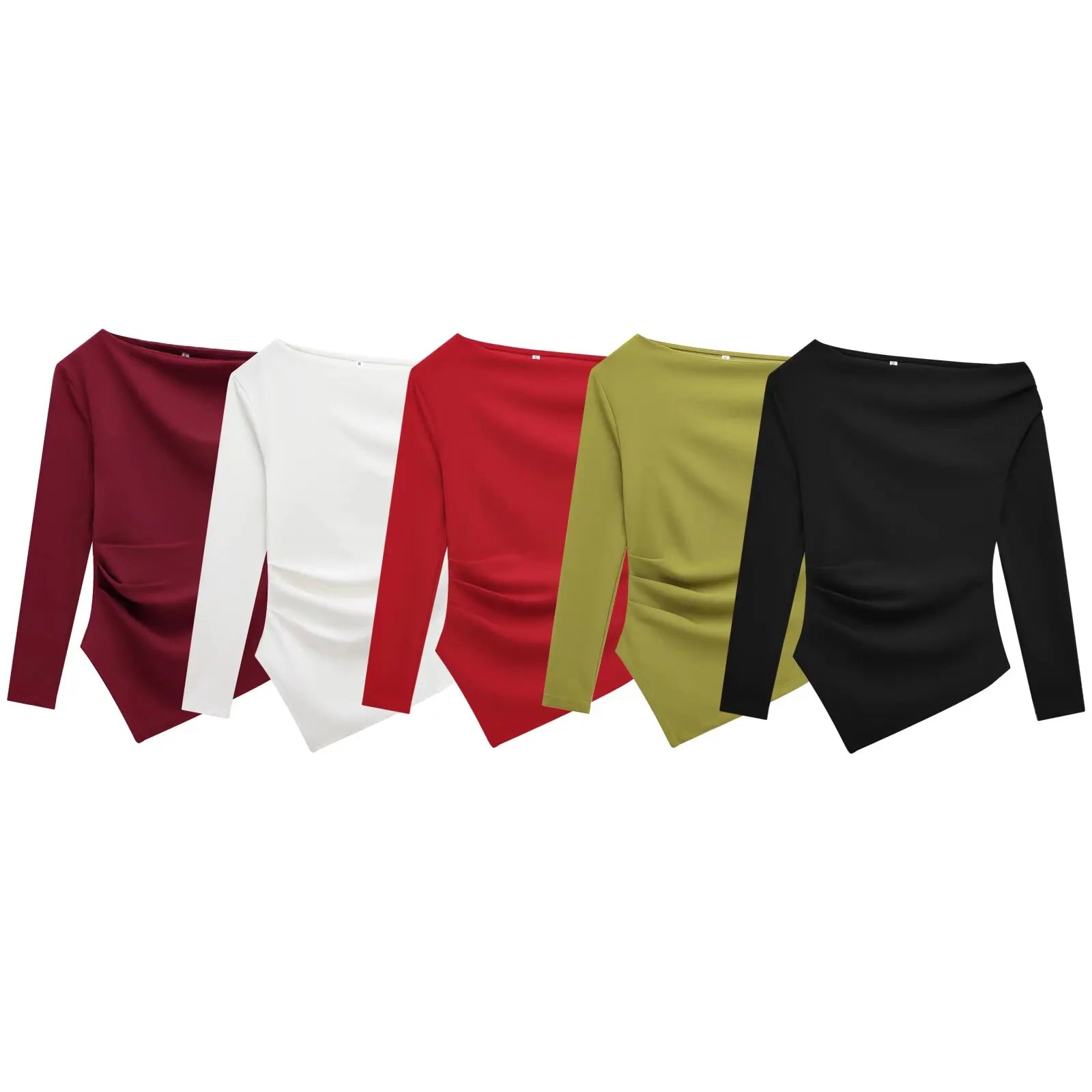 HH Spring Woman Fashion Pleated Decoration Casual Slim Elasticity Top Women Solid 5-Color Asymmetrical Slant Collar Tops.