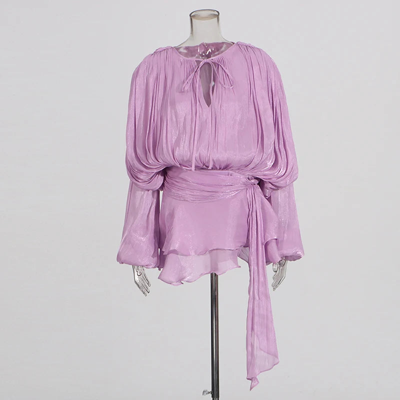 GALCAUR Solide Lose Splicd Lace Up Kleider Für Frauen V-ausschnitt Mit Langen Ärmeln Patchwork Rüschen Tunika Kleider Weibliche Mode Neue