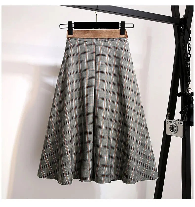 Plaid Vantage High Waist A-line Loose With Belt Pocket Women's Skirt Korean Fashion Mid-Calf Long Skirts For Women 2024 Spring.
