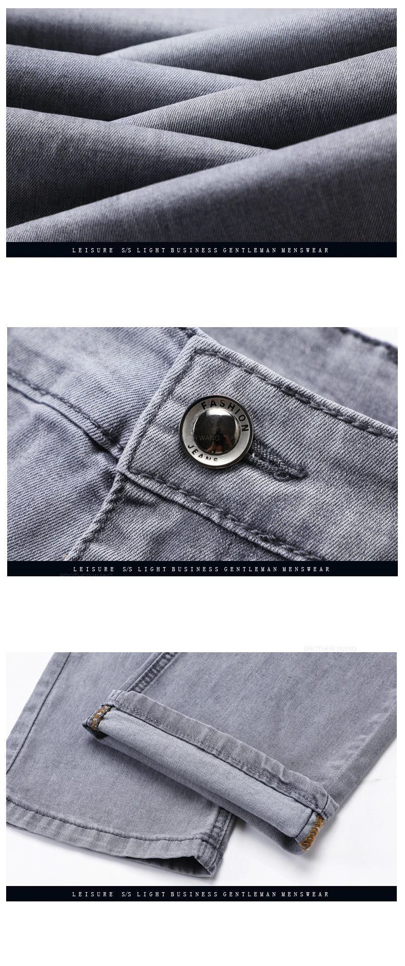 Brand Men's Fashion Summer Thin Jeans Comfortable Stretch Cotton Business Straight Casual Denim Pants Light Gray Blue Pants