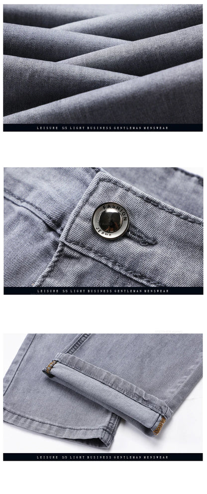 Brand Men's Fashion Summer Thin Jeans Comfortable Stretch Cotton Business Straight Casual Denim Pants Light Gray Blue Pants