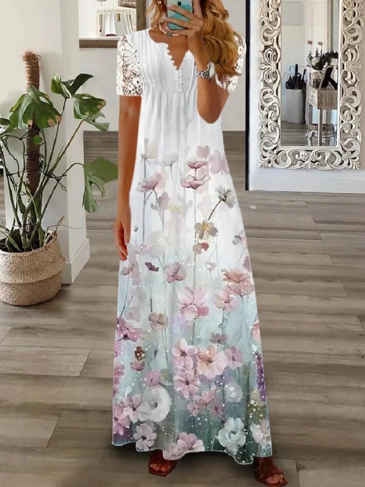 Frühjahr/Sommer Mode frauen Kurzarm Gedruckt Spitze Kleider Elegante frauen Weiß V-ausschnitt Slim Fit Party Lange vestidos.