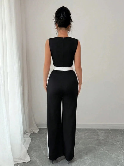 Elegant Color Block Wide Leg Jumpsuit Sleeveless Women's Spring Summer Vacation Style Cross-Border Fashion Ladies' Outfit.