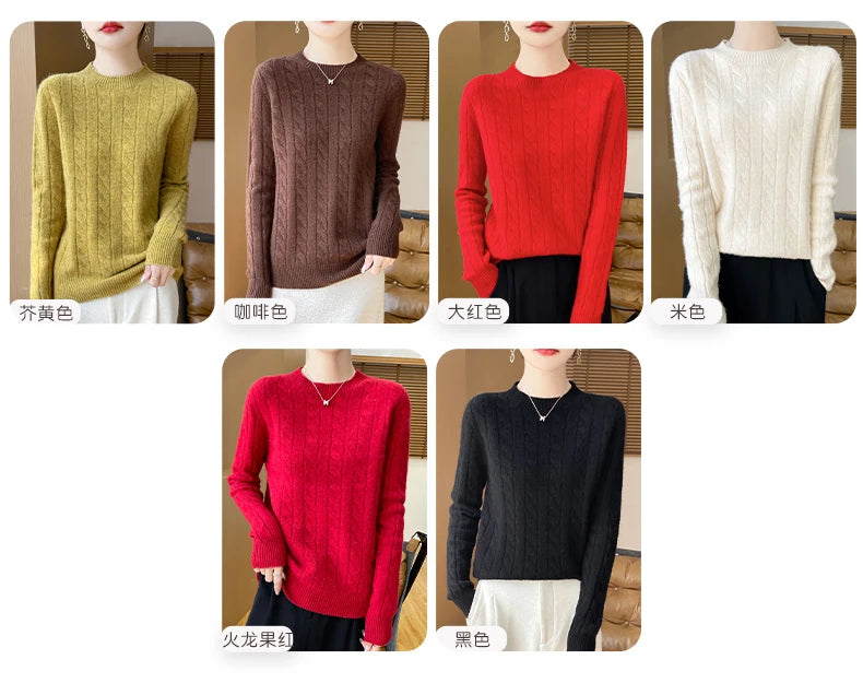 Frauen 100% Merino Wolle Verdickung Pullover Oansatz Gestrickte Twisted Pullover Herbst Winter Kaschmir Langarm Kleidung Basis Tops.