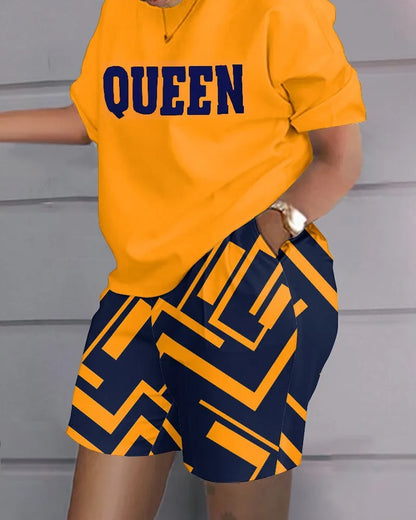 Women Casual Short Sleeve Outfit 2024 Summer Fashion Letter Printed O Neck Pocket Suit Female T Shirt Top Shorts Two Pieces Set.