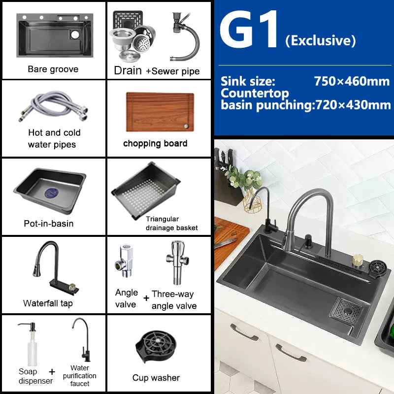 Waterfall Sink Kitchen Stainless Steel Topmount Sink Large Single Slot Wash Basin With Multifunction Touch Waterfall Faucet