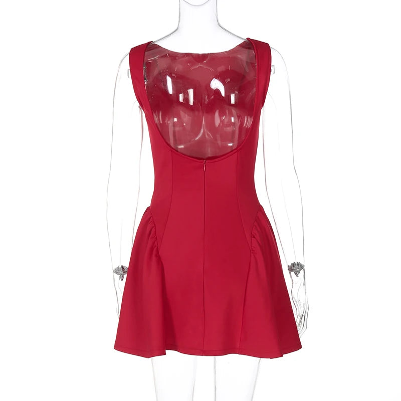 DGLUKE Elegantes rotes Minikleid für Damen, U-Boot-Ausschnitt, ärmellos, hohe Taille, A-Linien-Kleid, rückenfrei, plissiert, kurze Abschlussball-Party-Kleider.