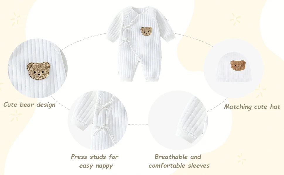 Einteiliges Outfit für Jungen und Mädchen, 100 % Baumwolle, langärmlig, Strampler für Neugeborene, solides Stricken, dünner Overall für Jahreszeiten.