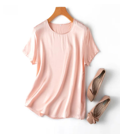 Women 100% Mulberry Silk 19 Momme half sleeve Crew Neck Top Shirt Blouse T-shirt More Colors M L XL MM4270