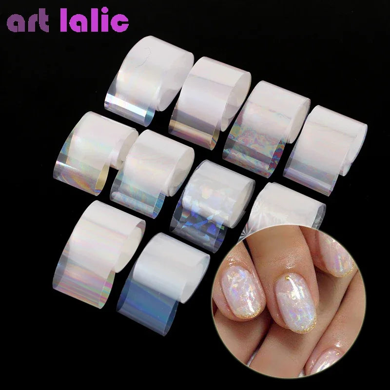 10pcs Holographic Nail Foil Set 2.5x100cm Gradient Transparent AB Color Transfer Stickers for Manicure Nail Art Decals.