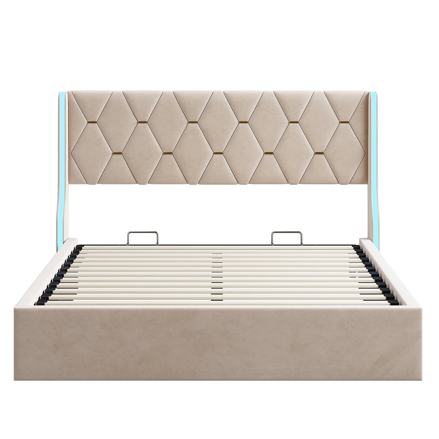 Comanlai 140 x 200 cm/160 x 200 cm hydraulisches Bett mit Stauraum, gepolstertes Bett mit Kopfteil, Kopfteil mit LED-Leuchten, Doppelbett, Flanell