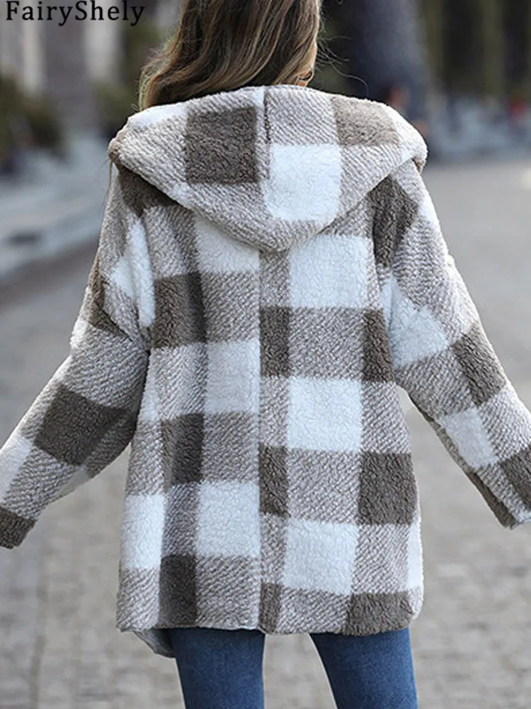 2025 herbst Winter Frauen Plüsch Mit Kapuze Jacke Weibliche Elegante Dicke Lose Plaid Print Mantel Damen Casual Zwei-seitige warme Lange Mantel.
