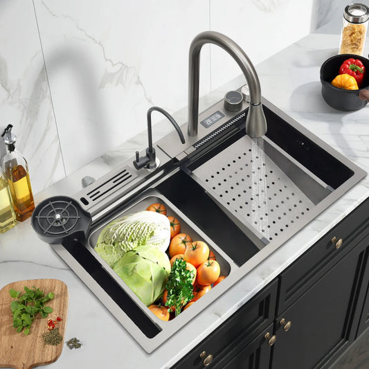 Küchenspüle aus Edelstahl mit ausziehbarem Wasserhahn, Wasserfallspüle mit Digitalanzeige, multifunktionale Küchenspüle für die Arbeitsstation