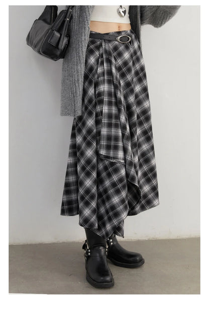 CHIC VEN Women Skirts A Line Retro Loose High Waist Irregular Color Plaid Frosted Half Body Long Ladies Skirt Winter 2025