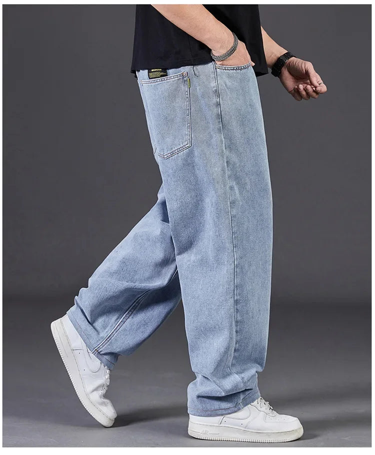 Plus Size Jeans Men's Autumn Loose-Fit Straight-Leg Casual Denim Pants Elastic Waist Wide-Leg Design For Plus Size Men.